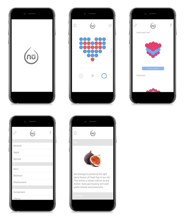 nūfood mobile app - shape designer, flavour library, and print interface